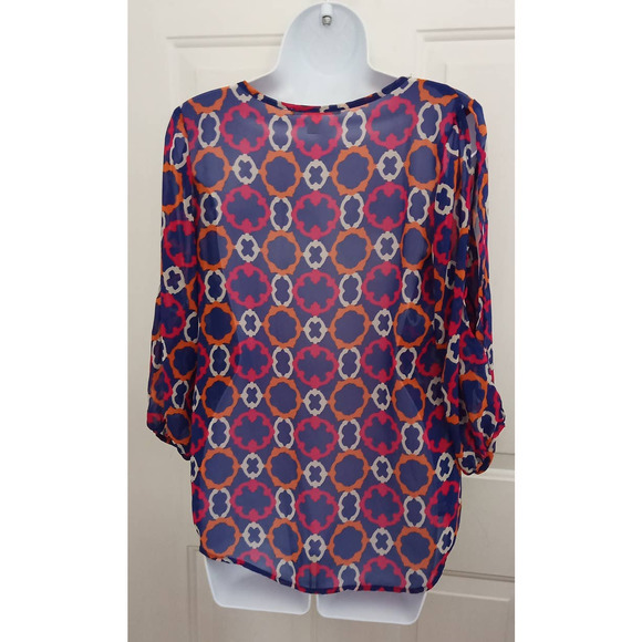 Mi Ami Sheer Blouse Slit Sleeve Size Small Geometric Blue Multicolored - Picture 3 of 4